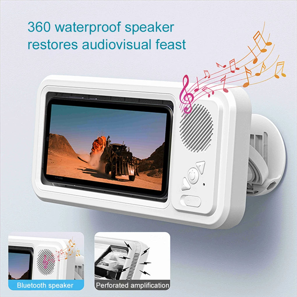Hands-free shower phone mount with built-in speaker and anti-fog touch screen case