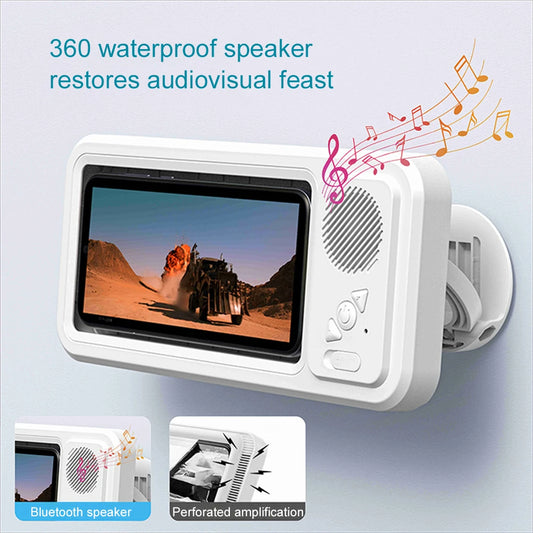 Hands-free shower phone mount with built-in speaker and anti-fog touch screen case