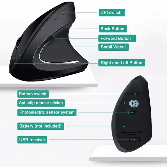 Vertical Ergonomic Wireless Mouse – Upright Design, USB Nano Receiver & Adjustable DPI